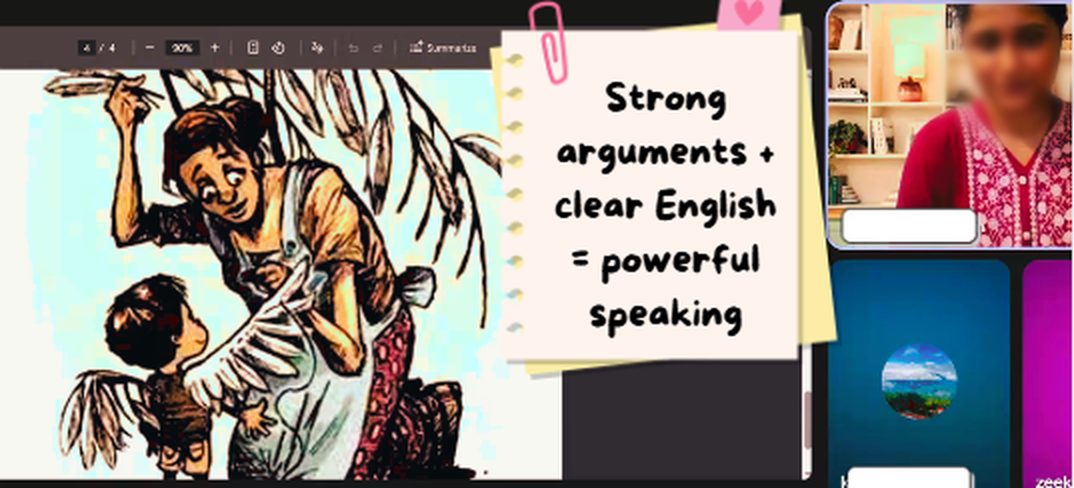 A ZEEKHUB trainer teaching a debate lesson: strong arguments plus clear English equals powerful speaking
